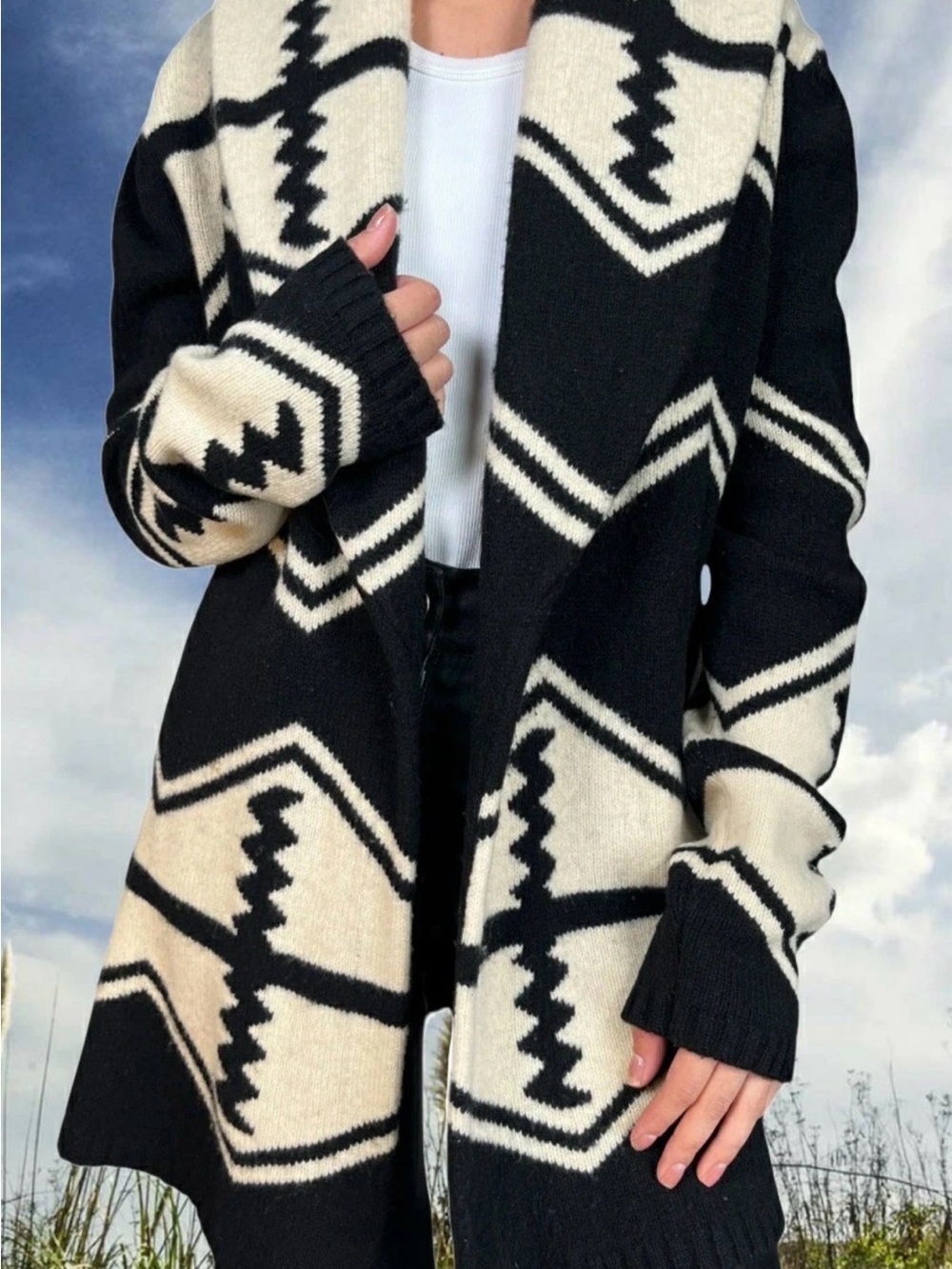 Lauren Ralph Lauren Lambswool Cardigan M Black Ivory Southwestern Belted